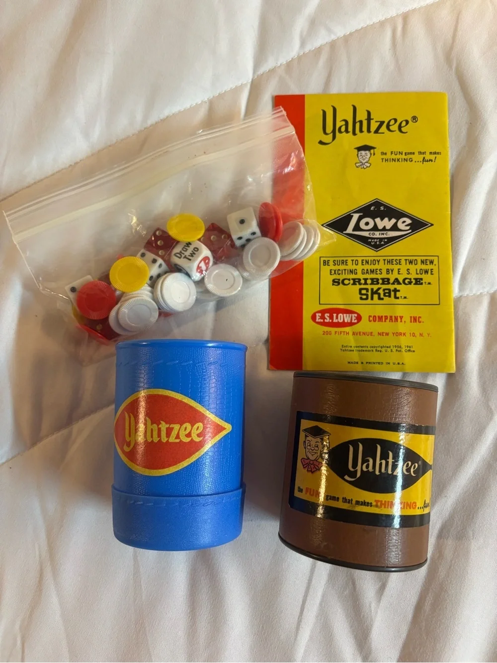 Vintage 2 Yahtzee Dice Cups & Accessories - dice and chips